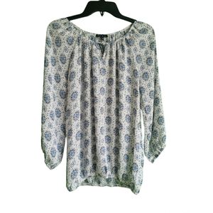Ivory & Blue Floral Peasant Blouse – 3/4 Sleeves, Size Small